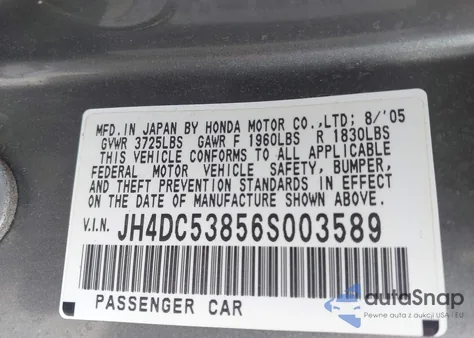2006 Acura Rsx z USA, uszkodzony, nr VIN JH4DC53856S003589